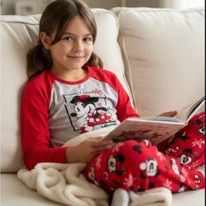 DISNEY Minnie Mouse Pajama Set, Girls L, Red Gray